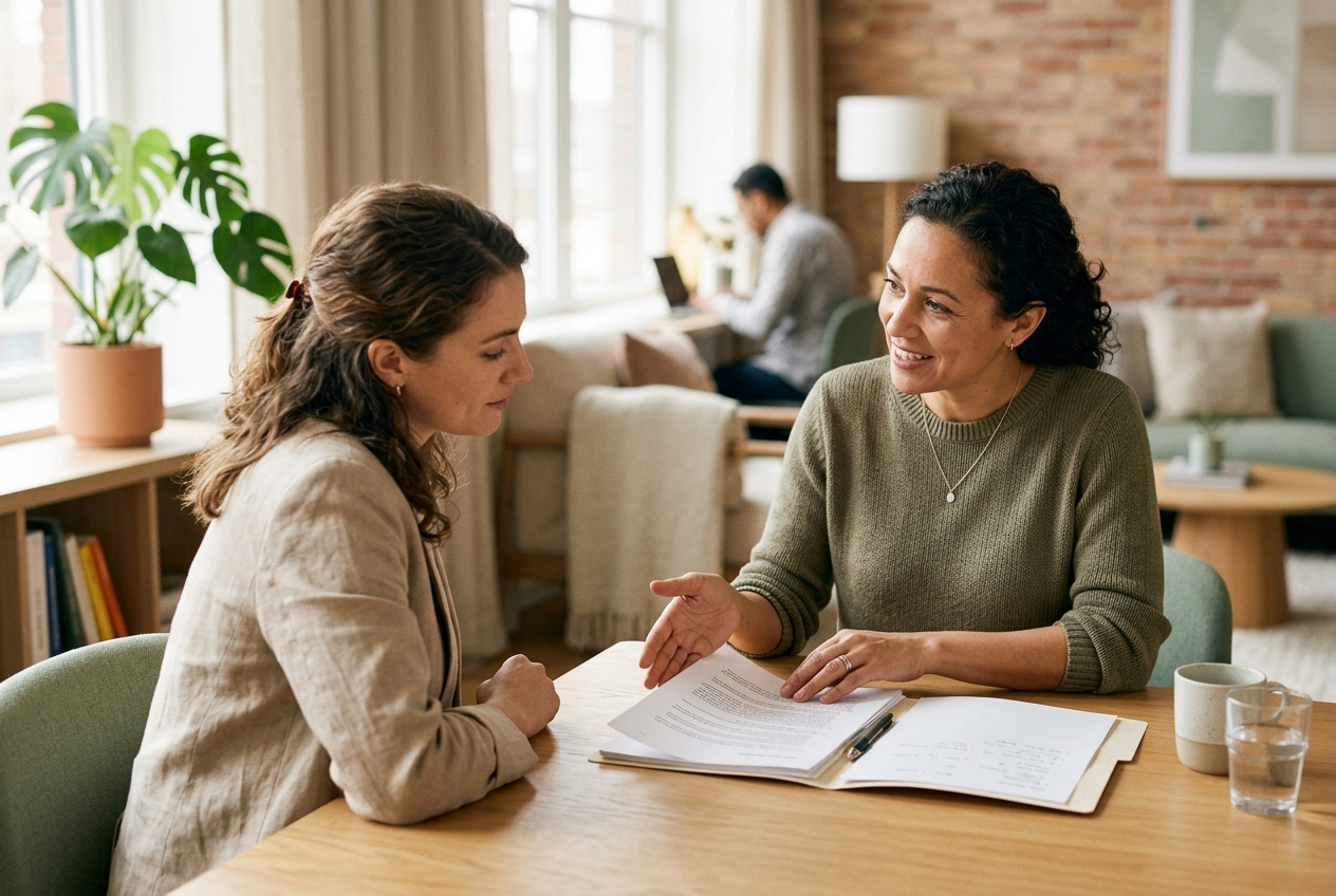 HR consultant reviewing documents with a small business client